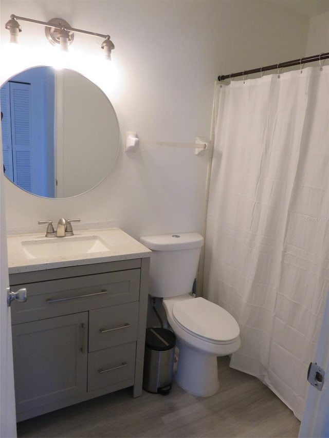 bathroom featuring hardwood / wood-style floors, toilet, and large vanity