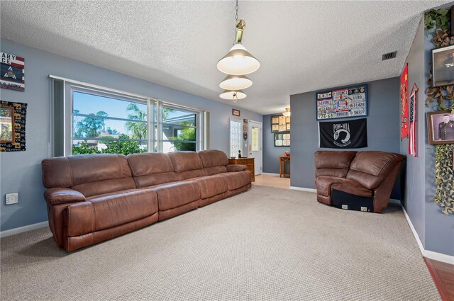 living room with a textured ceiling and carpet