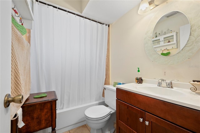 full bathroom featuring toilet, vanity, tile patterned flooring, and shower / bathtub combination with curtain