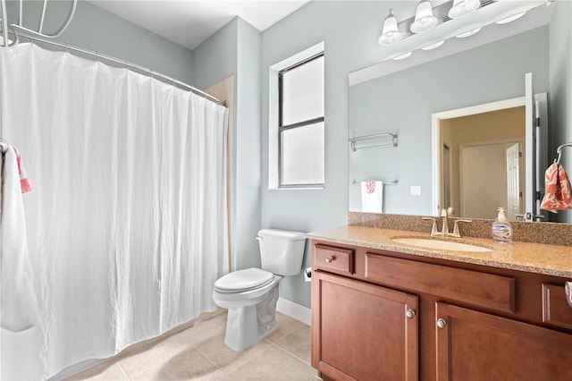 bathroom with toilet, tile patterned flooring, and vanity