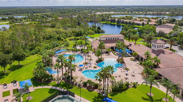 drone / aerial view with a water view