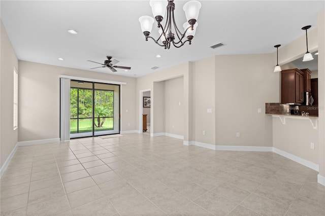 unfurnished living room featuring light tile patterned flooring and ceiling fan with notable chandelier