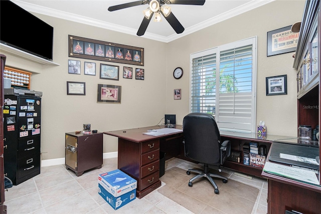 tiled office space featuring crown molding and ceiling fan