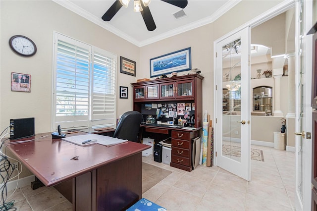 tiled home office featuring ornamental molding, ceiling fan, and french doors