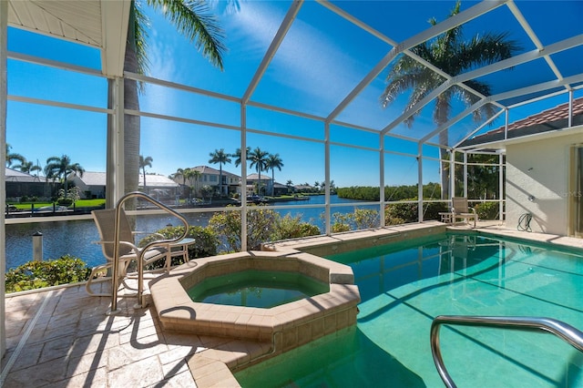 view of swimming pool featuring a water view, a patio, an in ground hot tub, and glass enclosure