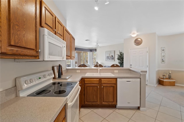 kitchen with ceiling fan, sink, kitchen peninsula, white appliances, and light tile patterned floors