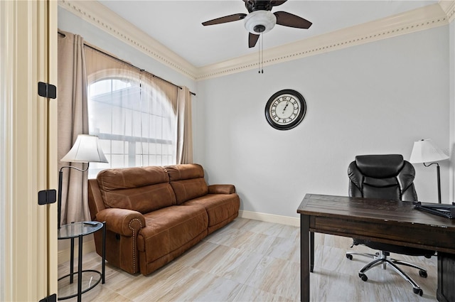 office area with ceiling fan and crown molding