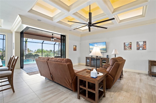 tiled living room featuring crown molding, beam ceiling, coffered ceiling, and ceiling fan