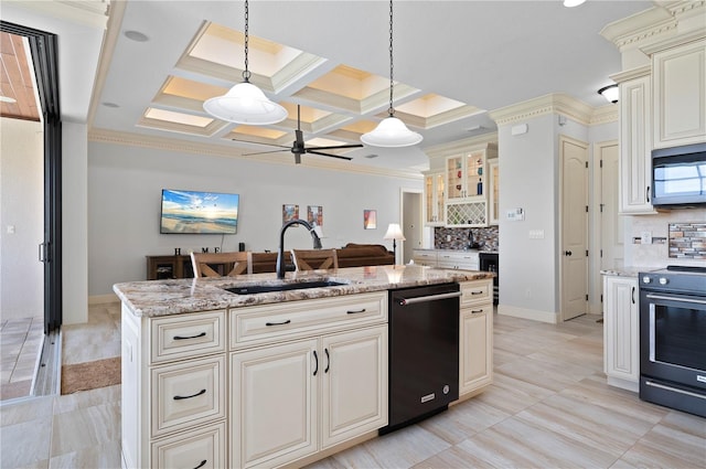 kitchen with ceiling fan, pendant lighting, sink, backsplash, and coffered ceiling