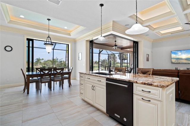 kitchen featuring coffered ceiling, an island with sink, decorative light fixtures, ceiling fan, and dishwasher