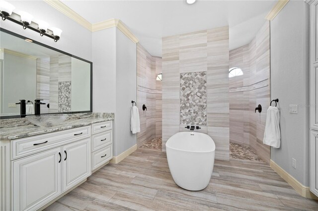 bathroom featuring vanity, plus walk in shower, and crown molding