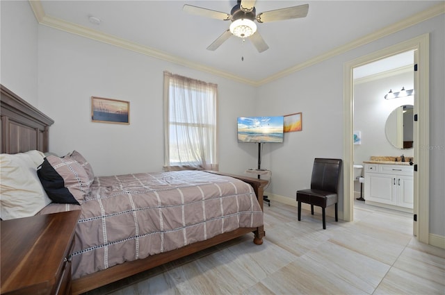 tiled bedroom featuring ensuite bathroom, ceiling fan, and crown molding