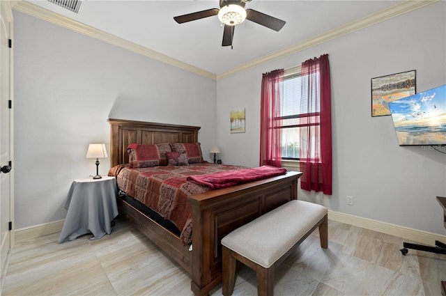 bedroom featuring ornamental molding and ceiling fan