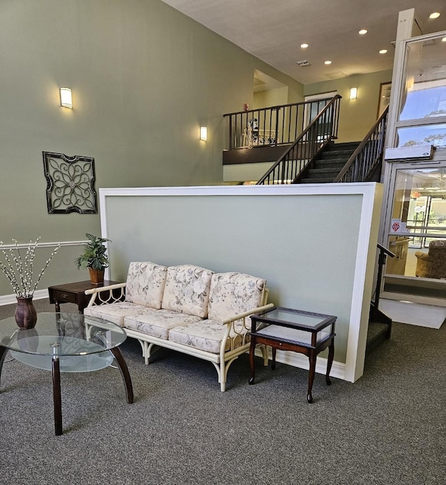 21280 Brinson Ave Unit 205, Port Charlotte, FL 33952 - carpeted living room with stairway, recessed lighting, and baseboards