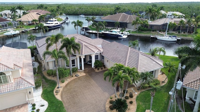 bird's eye view with a water view