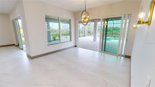 interior space with a chandelier and light tile floors