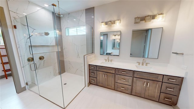 bathroom with a shower with door, tile flooring, and dual vanity