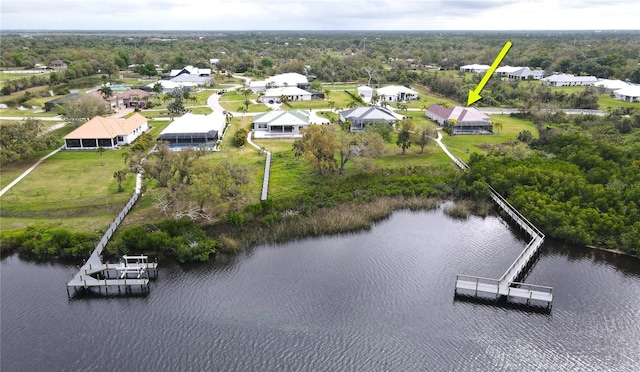 drone / aerial view featuring a water view