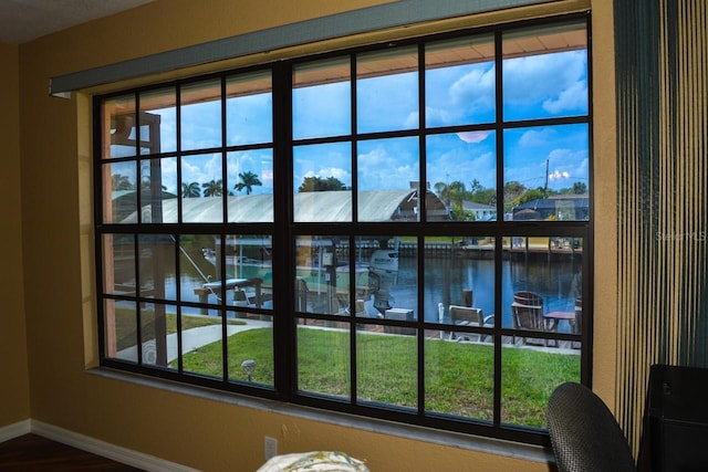 room details featuring a water view