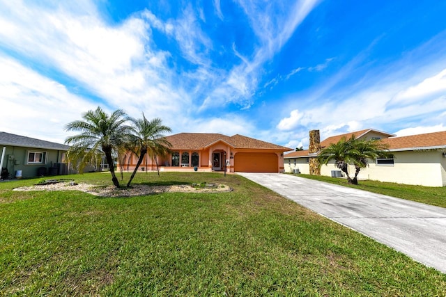 single story home featuring a front yard, central AC, and a garage