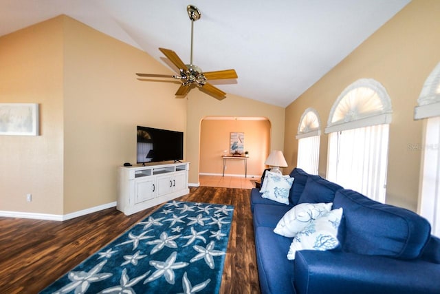 living room featuring lofted ceiling, ceiling fan, and dark hardwood / wood-style flooring