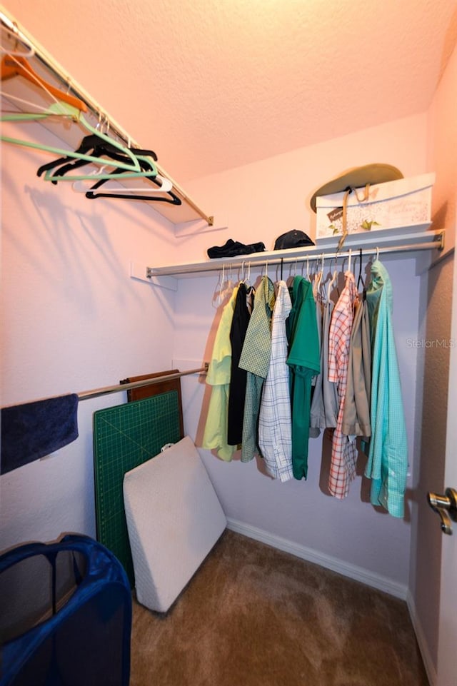 walk in closet featuring dark colored carpet