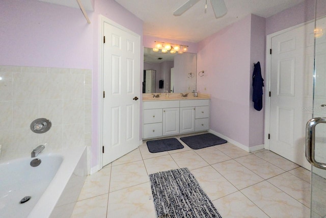 bathroom with vanity, tile flooring, and ceiling fan