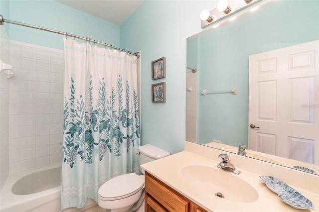 full bathroom featuring shower / bath combination with curtain, toilet, and vanity