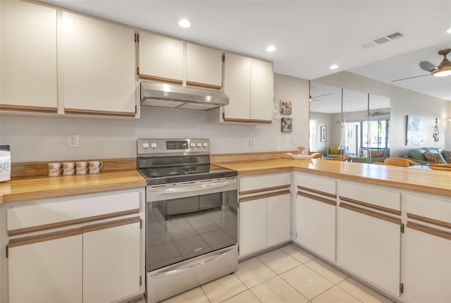 kitchen featuring white cabinets, light tile floors, ceiling fan, and stainless steel range with electric stovetop