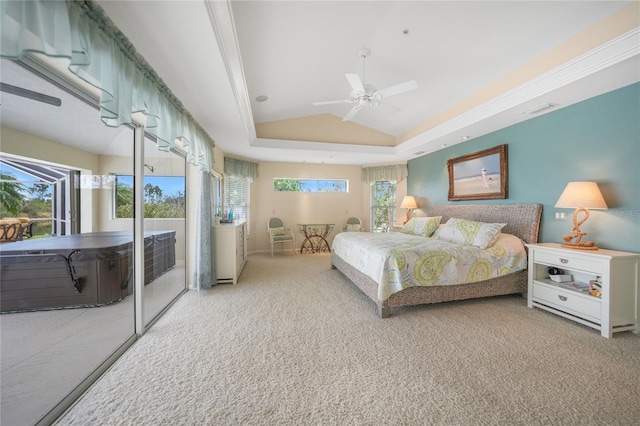 bedroom with a tray ceiling, ceiling fan, light carpet, access to outside, and crown molding