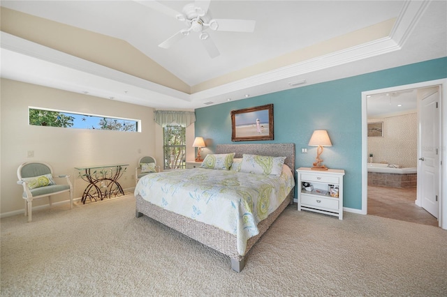 bedroom with ensuite bath, light colored carpet, ornamental molding, and ceiling fan