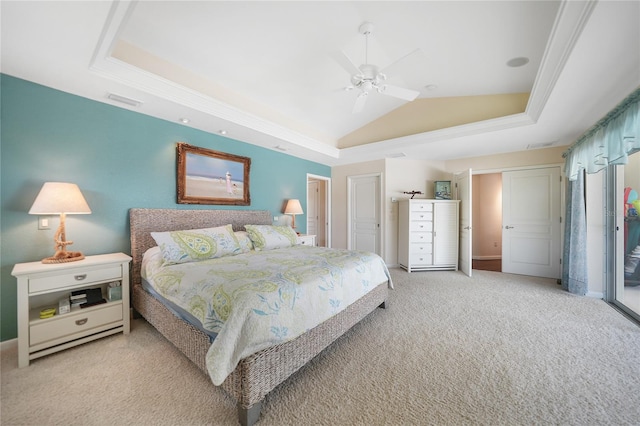 bedroom featuring a raised ceiling, access to outside, ceiling fan, and light colored carpet