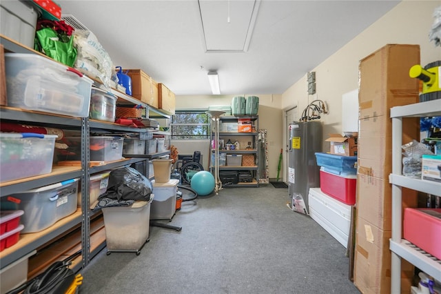 storage area with electric water heater