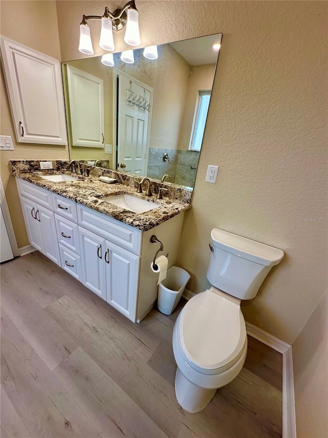 bathroom featuring vanity, wood-type flooring, and toilet