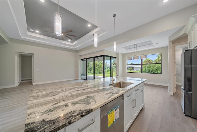 kitchen with a raised ceiling, stainless steel appliances, sink, and white cabinets