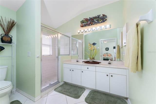 bathroom with toilet, an enclosed shower, vaulted ceiling, tile flooring, and oversized vanity