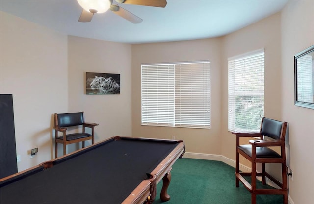 game room featuring dark colored carpet, pool table, and ceiling fan