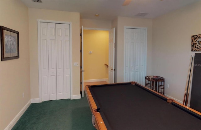 recreation room with dark colored carpet and pool table