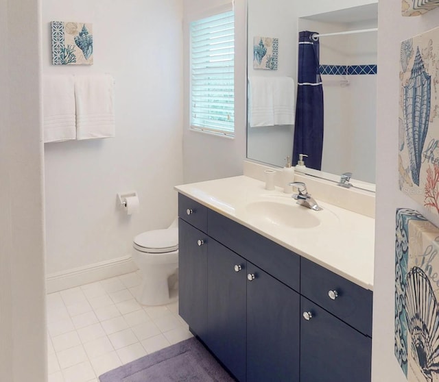 bathroom featuring tile patterned floors, walk in shower, vanity, and toilet