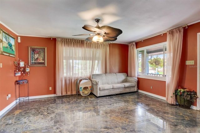 unfurnished living room featuring dark tile flooring and ceiling fan