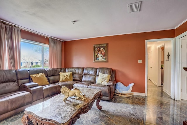 living room featuring dark tile floors