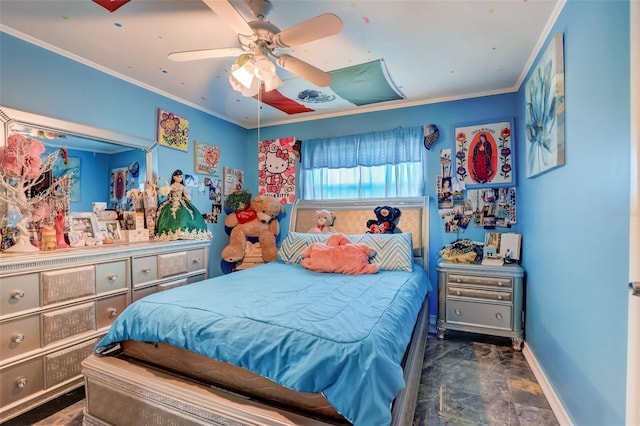 bedroom with dark tile flooring, crown molding, and ceiling fan