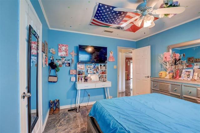 bedroom featuring tile floors, ornamental molding, and ceiling fan