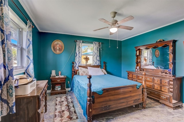 bedroom featuring crown molding and ceiling fan