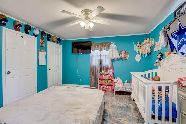 tiled bedroom with a nursery area and ceiling fan