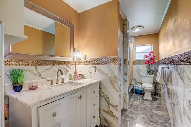 bathroom with tile walls, toilet, tile floors, tasteful backsplash, and vanity