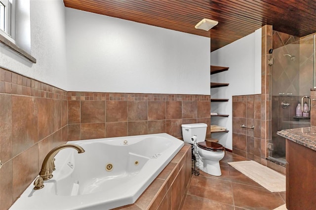 bathroom with tile walls, tile floors, toilet, separate shower and tub, and wooden ceiling