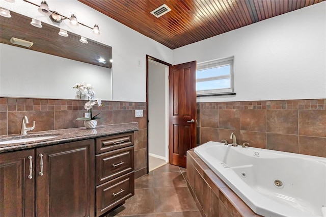 bathroom featuring wooden ceiling, vanity, and tile flooring