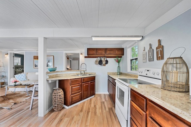 kitchen featuring light stone counters, light hardwood / wood-style flooring, sink, and white electric stove