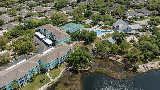 drone / aerial view featuring a water view